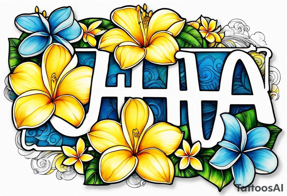 The word ohana surrounded by 
two blue plumerias, two yellow plumerias tattoo idea