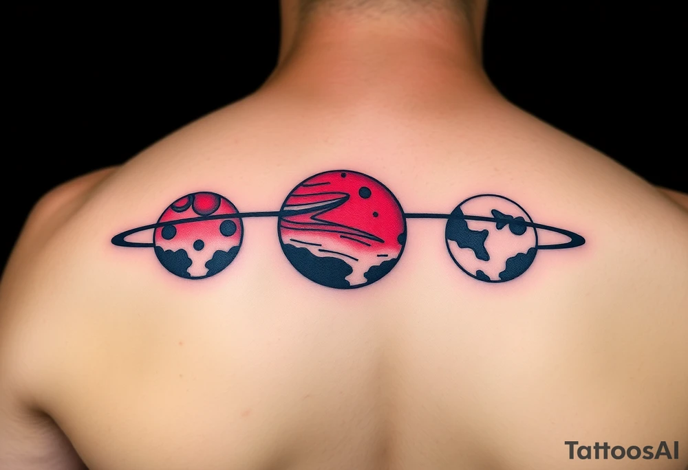 three horizontal planets. Color Black and red with more black tattoo idea