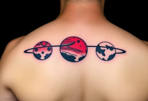 three horizontal planets. Color Black and red with more black tattoo idea