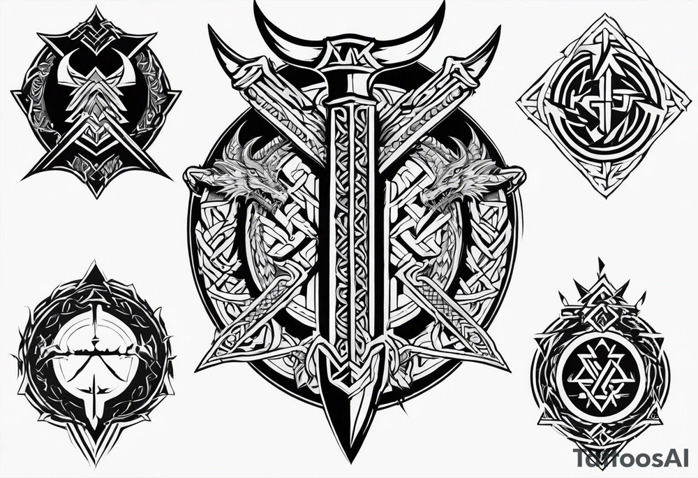 Valhalla sword shield dragon axe Valknut barbed wire chains tribal tattoo idea