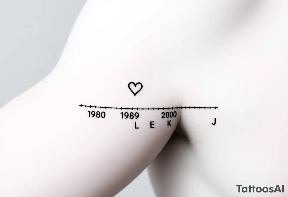 Top Line: The parent's birth year (1957) will be at the top, centered.  A small heart will be placed either directly beside it or slightly above it.
* Timeline Line: A faint, dotted line will extend horizontally from the parent's year, representing the timeline.
* Children's Years: Four birth years (1980, 1989, 1998, 2000) will be placed below the dotted line, evenly spaced.
* Initials (Optional): If desired, the children's initials (L, E, K, J) can be placed directly below their respective birth years.
Visualizing It:
Imagine it like this:
          1957 <3 
    .......................
    1980   1989   1998   2000
     L          E             K         J tattoo idea