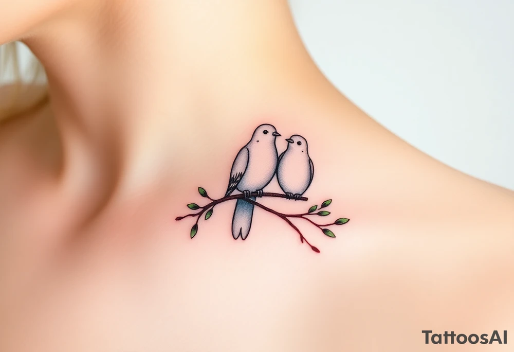 A pair of Ring doves perched on intertwined branches, with shades of soft beige, pale blue, and subtle touches of green tattoo idea