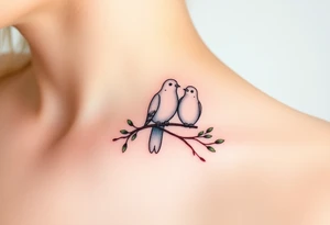 A pair of Ring doves perched on intertwined branches, with shades of soft beige, pale blue, and subtle touches of green tattoo idea