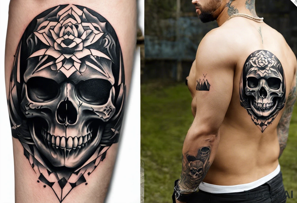 Unique tattoo design featuring a skull with a muzzle that appears to be releasing or breaking free from its constraints. The design should be intricate, with detailed shading and textures to give it a realistic look. The skull should be positioned on the neck, with the muzzle facing upwards, as if it's emerging from the skin. I'd like the design to be bold and eye-catching, with a mix of dark and light colors to create a striking contrast. tattoo idea