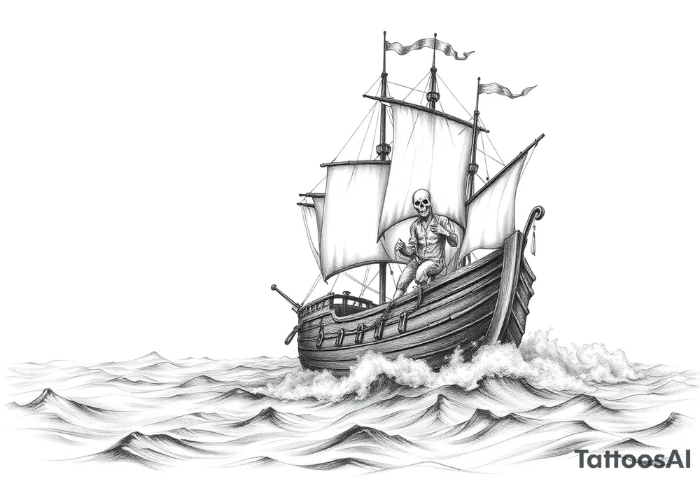 pirat-ship with ghosts surrounded by fog on sea. tattoo idea