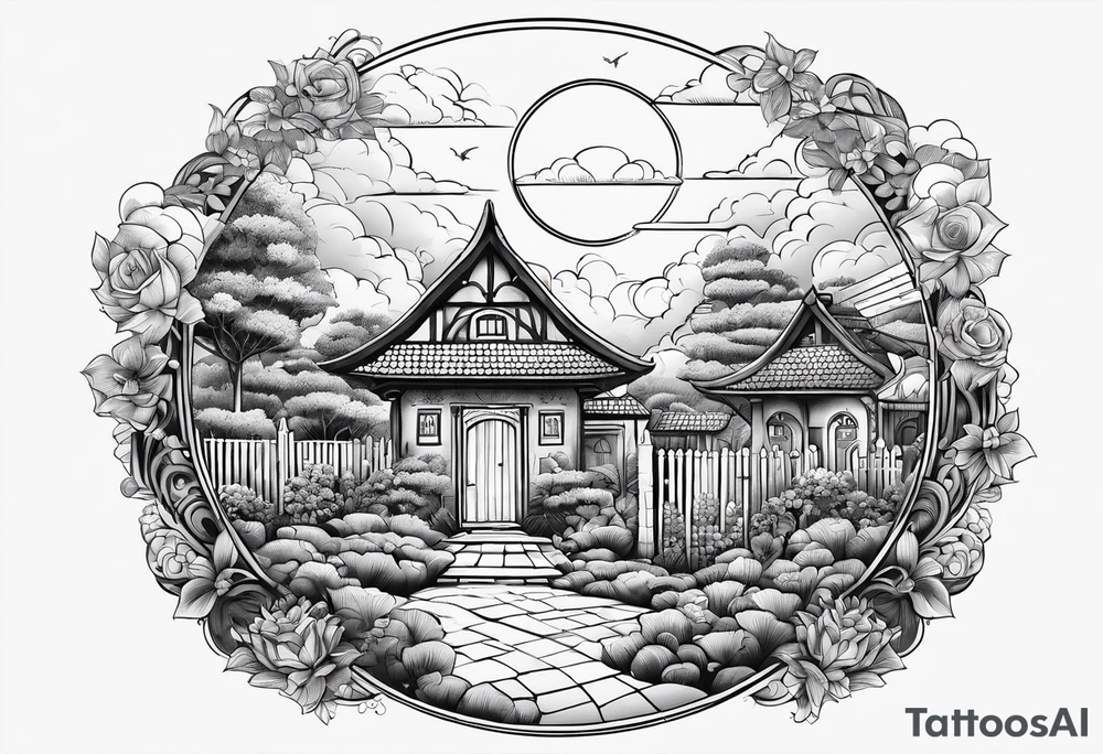 night ancient town  garden many small houses gate entrance 
 in circle vignette surrounded by clouds floral tattoo idea