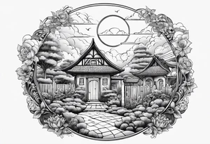 night ancient town  garden many small houses gate entrance 
 in circle vignette surrounded by clouds floral tattoo idea