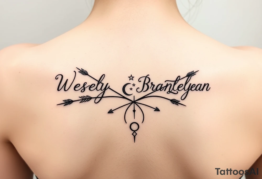 Name tattoo with Wesley Brantley Logan with entwined arrows and moons and stars tattoo idea