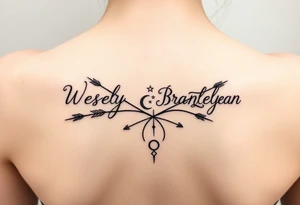 Name tattoo with Wesley Brantley Logan with entwined arrows and moons and stars tattoo idea
