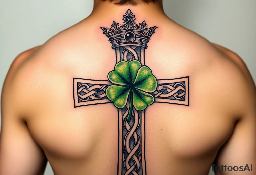 Celtic cross tattoo featuring intricate knotwork patterns along the arms and base of the cross. At the heart of the cross, place a vibrant four-leaf clover, its leaves shaded with subtle gradients of green, symbolizing luck and unity. Above the cross, incorporate a regal crown adorned with ornate details, such as small gemstones or filigree, to signify authority and strength. The entire composition should have a balanced, harmonious feel, with the textures and shading creating a sense of depth and dimension. Surround the design with a faint aura or subtle accents, like soft wisps of light, to add a spiritual and mystical quality tattoo idea