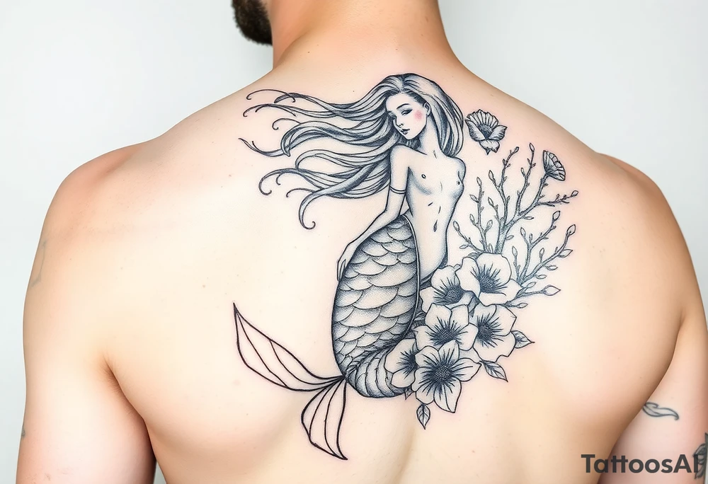 ethereal mermaid with flowing hair among coral and sea flowers tattoo idea