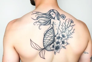 ethereal mermaid with flowing hair among coral and sea flowers tattoo idea