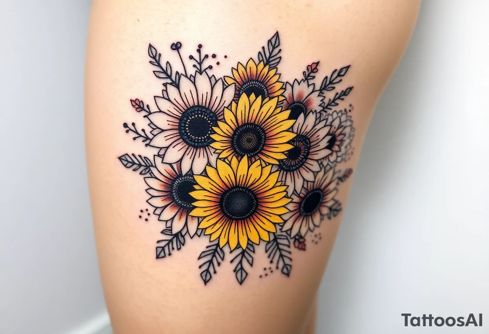 Bouquet of sunflowers, water Lillies, dahlias, marigolds, carnations, hydrangeas, daisys, and chrysanthemums tattoo idea