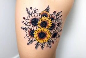 Bouquet of sunflowers, water Lillies, dahlias, marigolds, carnations, hydrangeas, daisys, and chrysanthemums tattoo idea