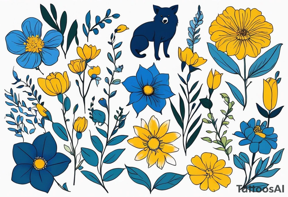 It will be a matching tattoo for 4 women. Our favorite flowers are yellow roses, lillies, blue daisies, and dahlias. Our favorite animals are koala, cat, turtle, and fox. tattoo idea