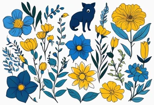 It will be a matching tattoo for 4 women. Our favorite flowers are yellow roses, lillies, blue daisies, and dahlias. Our favorite animals are koala, cat, turtle, and fox. tattoo idea