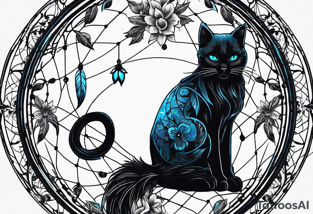 Black cat entwined in a elegant dream catcher that has flowers an long flowing feathers on dream catcher. Black cat eyes in neon blue an small neon blue detail in catcher tattoo idea