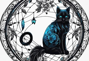 Black cat entwined in a elegant dream catcher that has flowers an long flowing feathers on dream catcher. Black cat eyes in neon blue an small neon blue detail in catcher tattoo idea