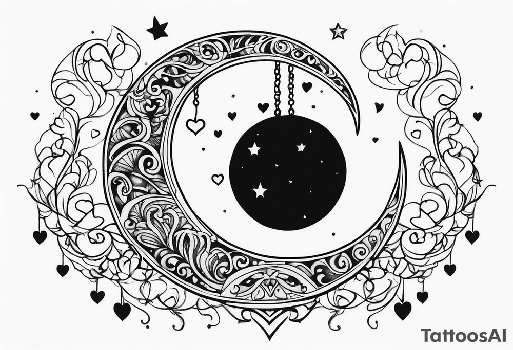Crescent moon with hearts dangling from the bottom of it tattoo idea