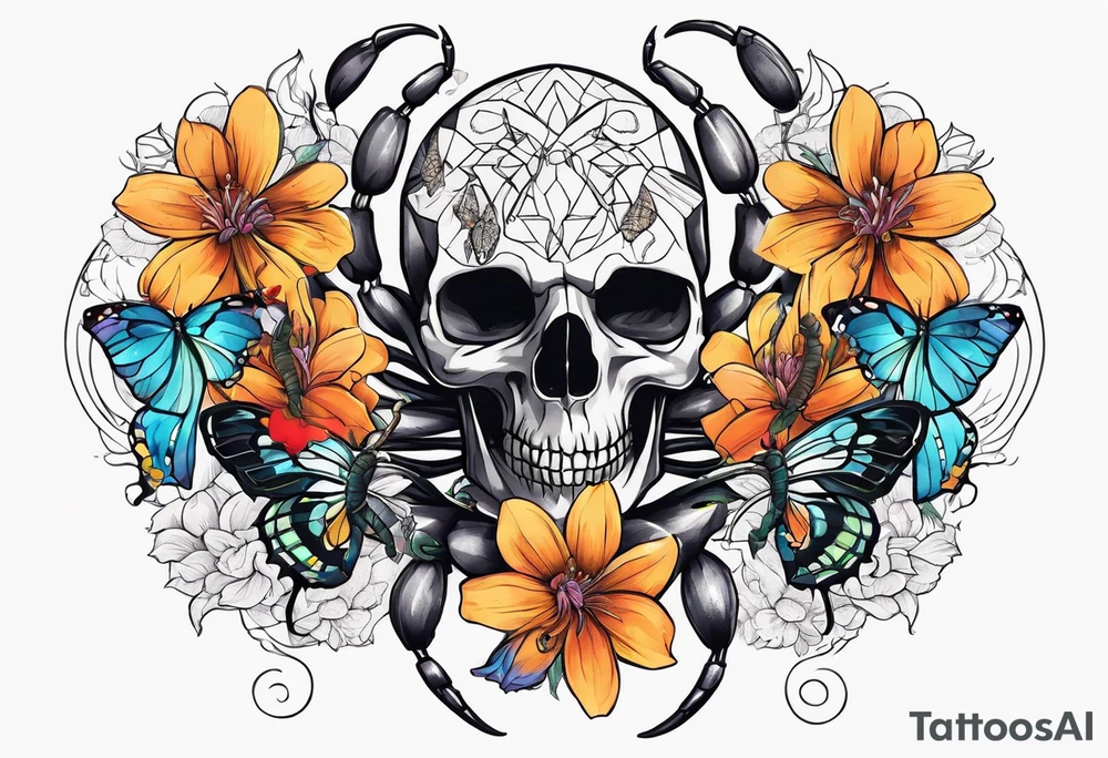 Large scorpion with a skull, flowers, and butterflies tattoo idea