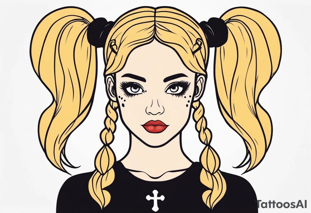feminine skull and cross bones with hair in two blonde pigtails tattoo idea
