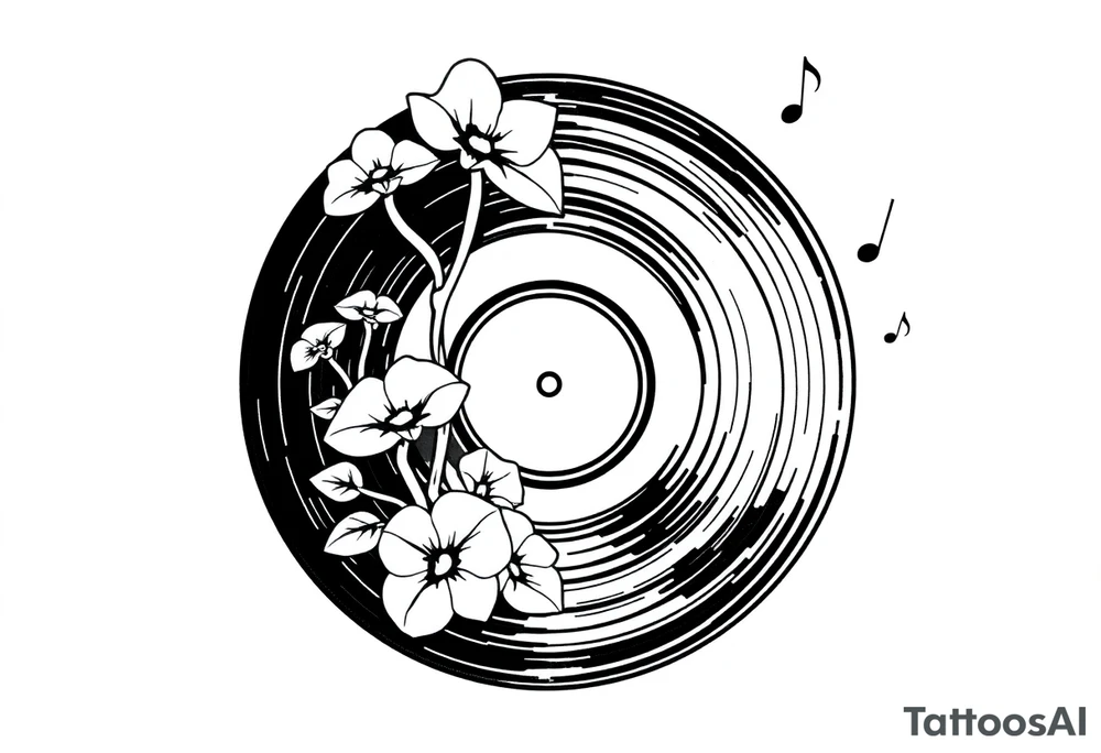 vinyl record player with mushrooms, orchids, and music notes around it tattoo idea