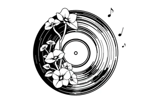 vinyl record player with mushrooms, orchids, and music notes around it tattoo idea