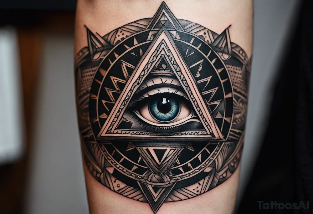 A full tattoo sleeve designed with a bold and masculine aesthetic, featuring a striking centerpiece of a detailed eye inside an equilateral triangle, symbolizing the all-seeing eye or third eye. The eye is intricately rendered to convey depth and insight, while the equilateral triangle, with its perfectly balanced angles, enhances the symbolism of enlightenment and perception. Surrounding this central motif, incorporate roses and leaves, depicted with strong lines and rich detail. The roses symbolize beauty and resilience, while the leaves add a touch of natural elegance. These floral elements are integrated into an ordered geometric pattern that complements and frames the eye and triangle. The geometric patterns, characterized by clean, precise lines, create a structured contrast with the organic shapes of the roses and leaves. The design features deep shading and strong contrasts to highlight the details and create a powerful, masculine look. The overall effect is a harmonious blend of symbolic and aesthetic elements, resulting in a compelling and balanced tattoo sleeve. tattoo idea
