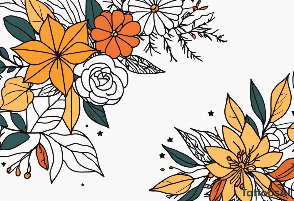Full arm sleeve with fall colors, flowers, leaves and shapes tattoo idea