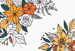 Full arm sleeve with fall colors, flowers, leaves and shapes tattoo idea