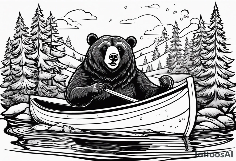 Un ours qui tient des rames dans un canoë sur un ruisseau avec des sapins tattoo idea