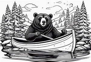 Un ours qui tient des rames dans un canoë sur un ruisseau avec des sapins tattoo idea