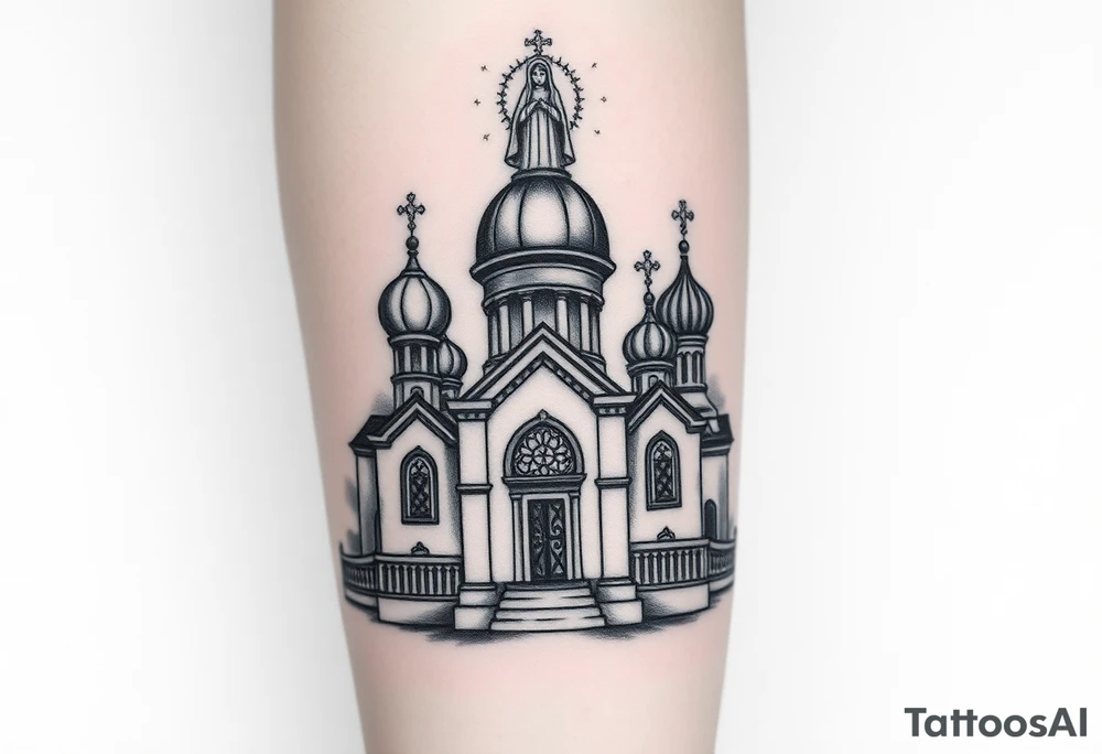 in a dorsal view a detailed orthodox church with onion domes and a band at the front with mist shrouding the top and fading into a virgin mary overlooking above at the top tattoo idea