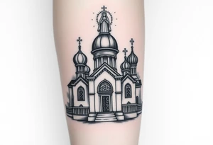 in a dorsal view a detailed orthodox church with onion domes and a band at the front with mist shrouding the top and fading into a virgin mary overlooking above at the top tattoo idea