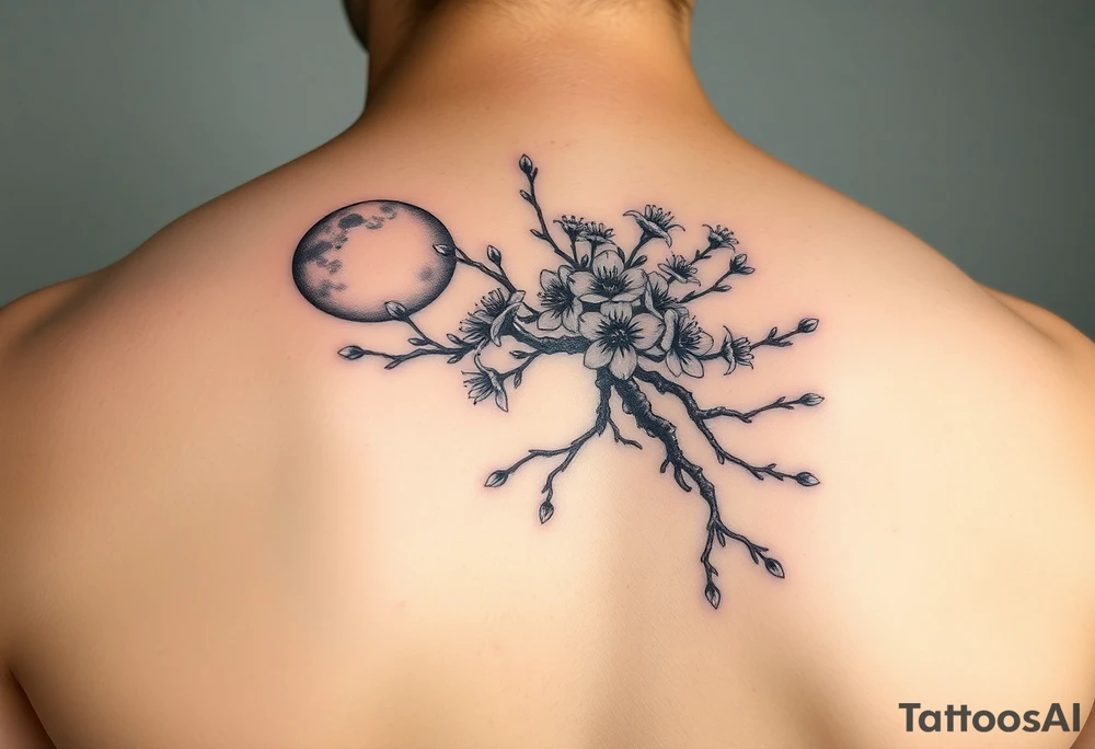 Japanese cherry blossom tree with full moon on left side tattoo idea