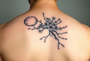 Japanese cherry blossom tree with full moon on left side tattoo idea