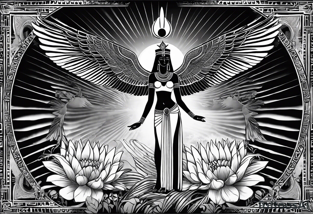 black and white Egyptian goddess Isis, who is often depicted as a woman with outstretched wings, holding an ankh (a symbol of life) in one hand and a lotus flower in the other. Her headdress often includes a throne or a solar disk. The tattoo design can vary in style and size, but it typically aims to capture the essence of this revered Egyptian deity, emphasizing her beauty, power, and maternal qualities. The choice of colors and additional elements can also be customized to create a unique and visually striking representation of the goddess Isis tattoo idea