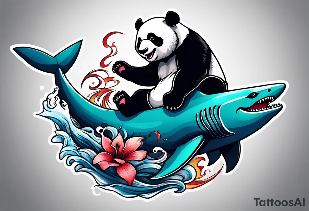 panda riding a shark tattoo idea
