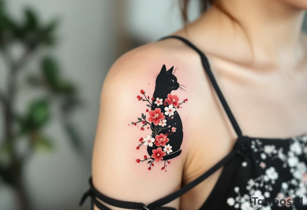 Japanese-Inspired Cat Silhouette – A stylized cat silhouette in black with red cherry blossom patterns and soft white accents. tattoo idea