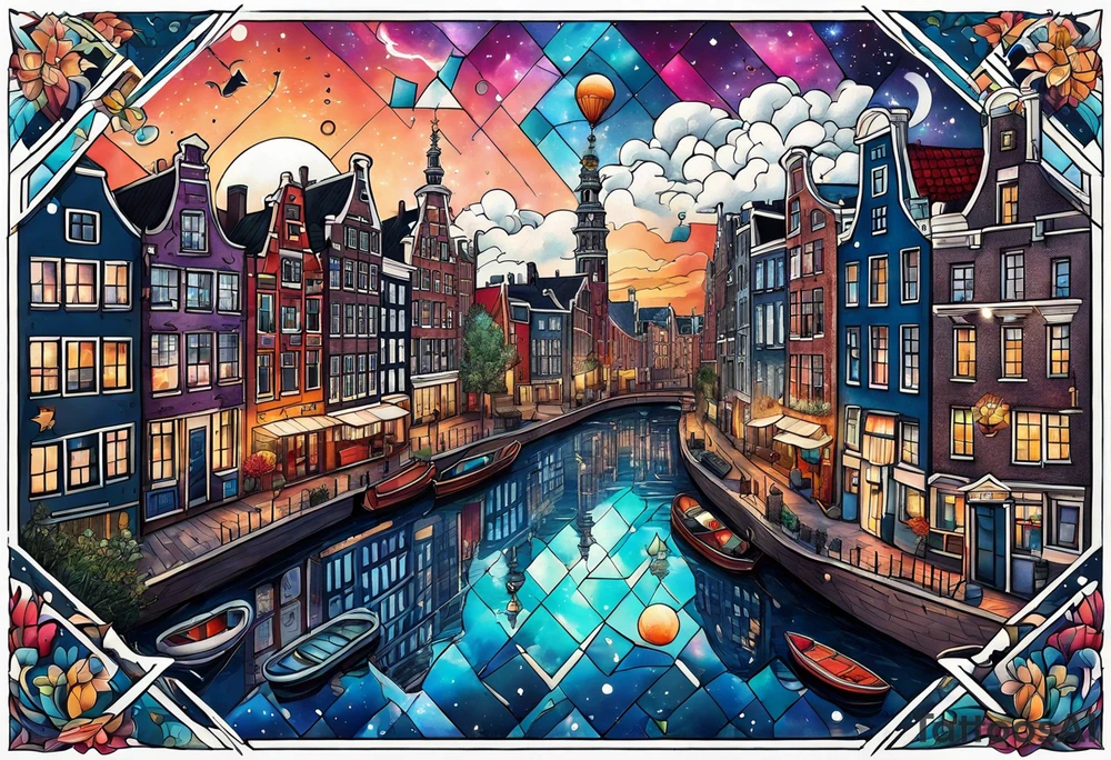 Tattoo of water in space featuring animals featuring Amsterdam buildings and canal in galaxy colours tattoo idea
