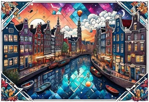Tattoo of water in space featuring animals featuring Amsterdam buildings and canal in galaxy colours tattoo idea