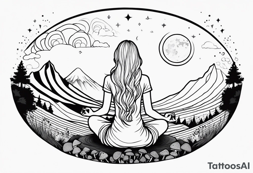 Straight blonde hair girl meditating facing away toward mountains surrounded by mushrooms crescent moon mandala circular design black and white striped dress tattoo idea