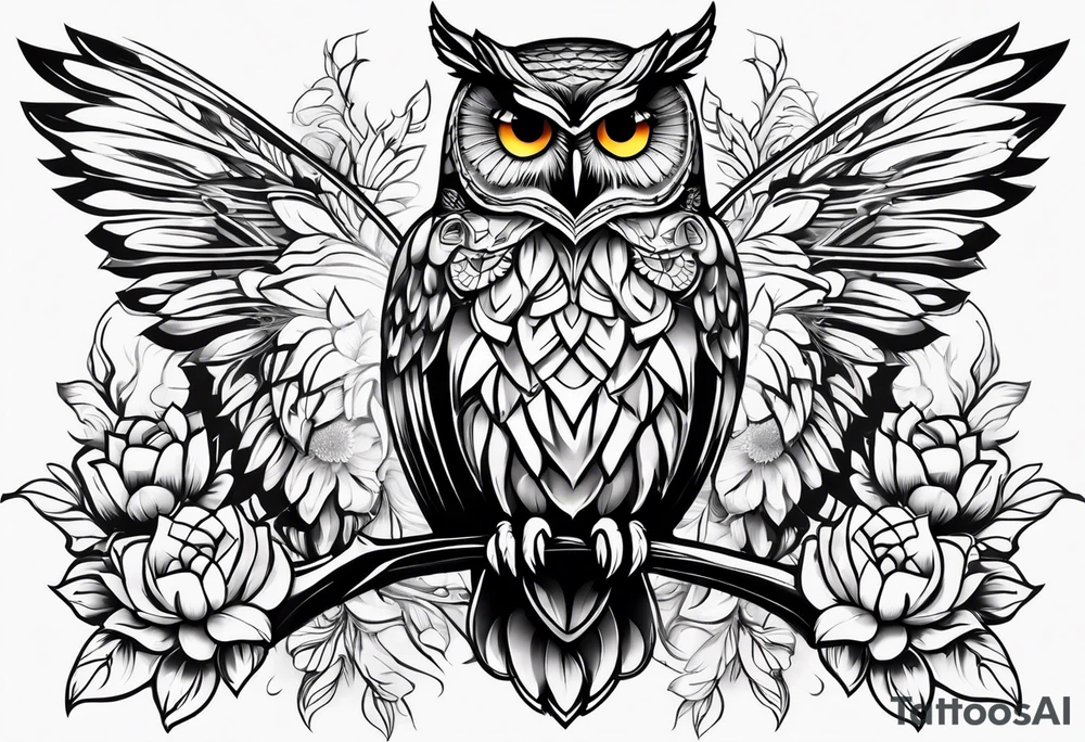 Sleeve with an owl, sunflower and butterfly tattoo idea