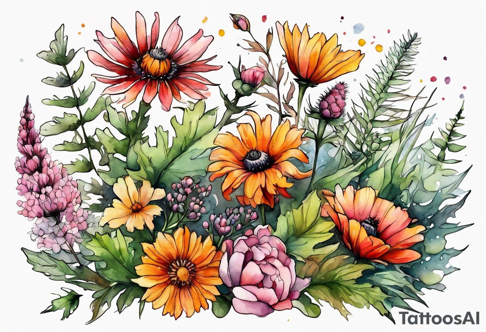 wildflowers with thistles, ferns, burnt orange flower, white flowers, pink flowers, red flowers and yellow flowers all in watercolor tattoo idea