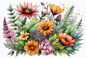 wildflowers with thistles, ferns, burnt orange flower, white flowers, pink flowers, red flowers and yellow flowers all in watercolor tattoo idea