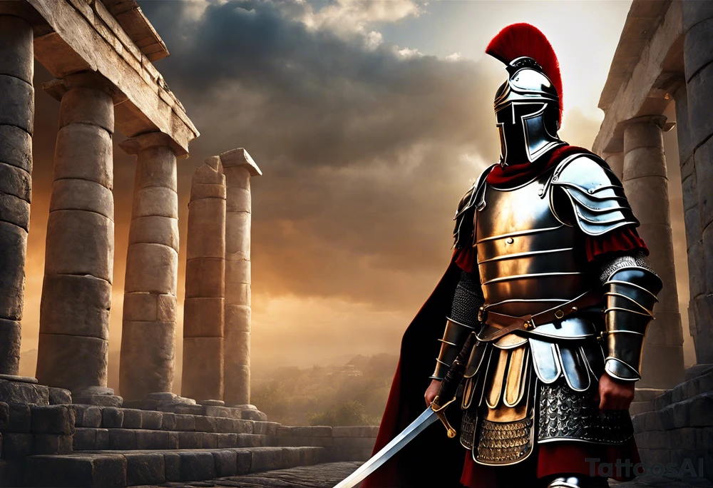 a high ranking roman soldier from AD 60, wearing armour which must include an armoured belt, breastplate, armoured shoes, shield, helmet and sword.
the soldier must look strong. the soldier is faceless. The image must include the full person, not just the top half. The soldier is mid-battle, fending off flaming arrows with his shield tattoo idea