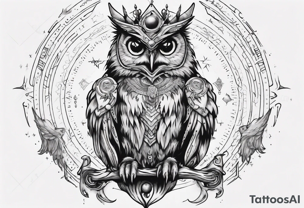 Demon crowned Owl surrounded by cosmic magic  astrology. tattoo idea