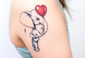 Mother elephant and a baby elephant holding a red balloon with its trunk, symbolizing childhood joy and innocence tattoo idea