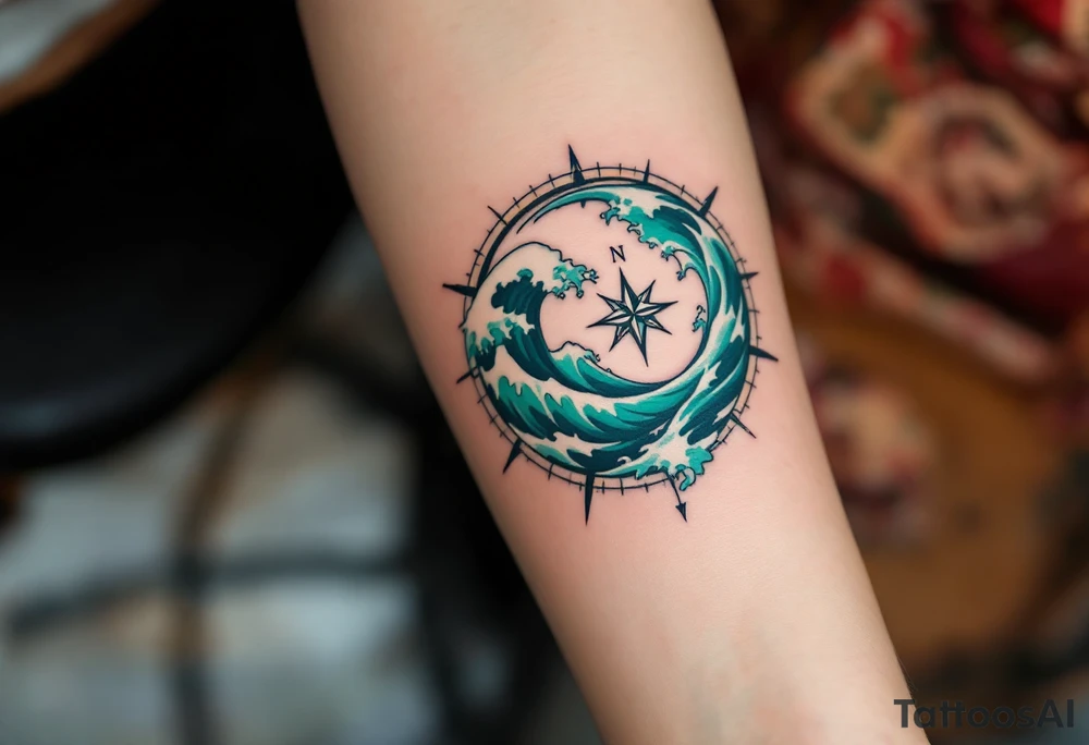 A deep sea green wave with frothy white caps encircles a compass rose on the forearm. tattoo idea