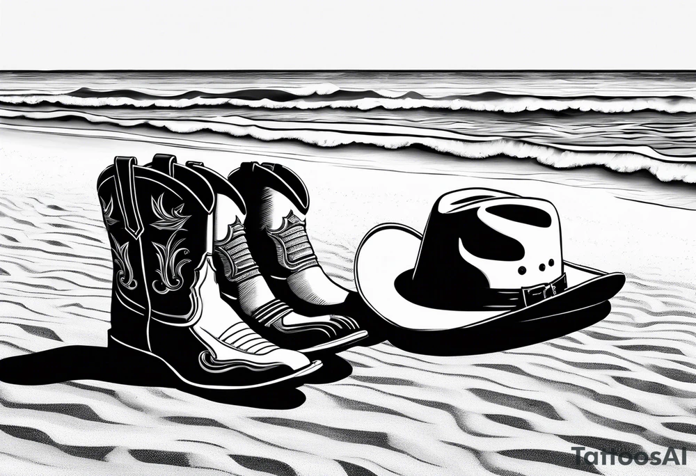 A pair of mens boots, a pair of womens flip flops and a cowboyhat on the Beach. Keep it simple tattoo idea